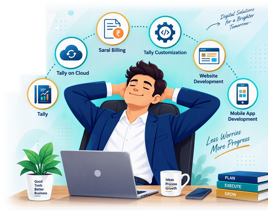 Illustration of our services: Tally accounting, Tally on Cloud hosting, Saral Billing, Tally customization, website development and mobile app development